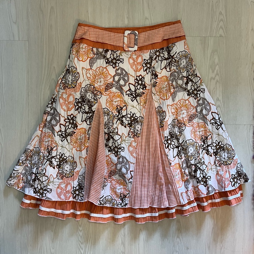 60s floral skirt with gingham orange and white with faux belt lined